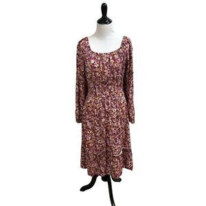 Naif Women's L Large Midi Peasant Dress Ruffled Floral Print Smocked Waist